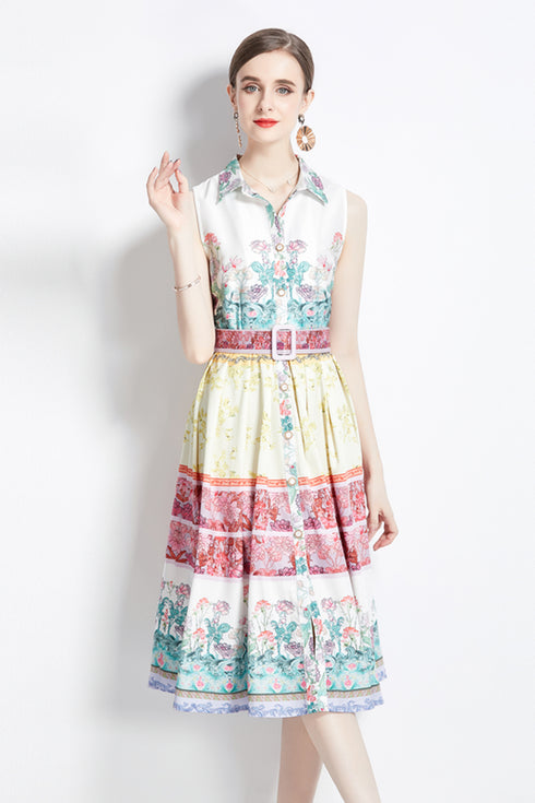 Graceful Elegant French Hepburn Style, Notched Collar, Belted, A-line Printed Office, Cocktail, Party Women's Dress